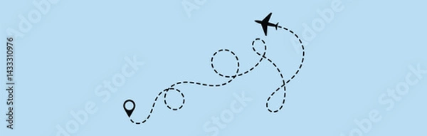 Fototapeta dotted route line the way airplane. Plane paths. Aircraft tracking, planes, travel, map pins, location pins. Vector illustration.