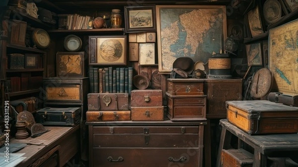 Fototapeta Cabin interior exhibits diverse items, maps, books, boxes displayed, evoking cozy, historical atmosphere, nostalgia.