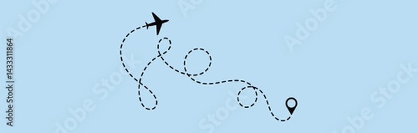Fototapeta dotted route line the way airplane. Plane paths. Aircraft tracking, planes, travel, map pins, location pins. Vector illustration.