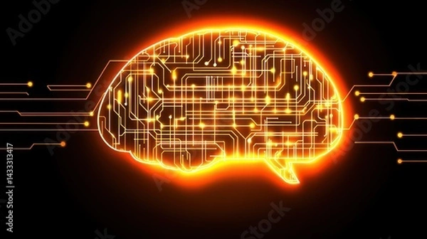 Fototapeta Glowing brain circuit board; digital network background; AI concept