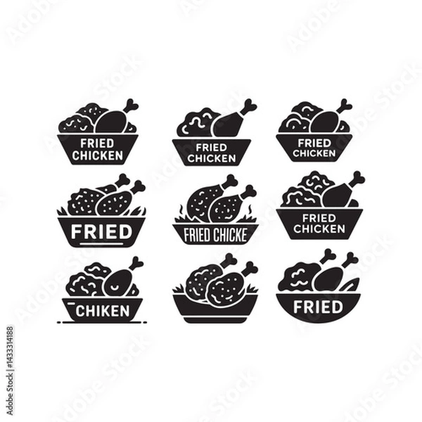 Fototapeta Bold Black Fried Chicken Vector Icon Isolated BUNDLE