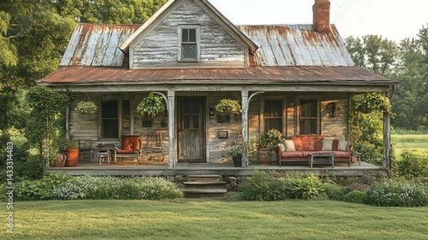 Fototapeta Rustic Farmhouse with Rusty Tin Roof and Inviting Porch at Sunri