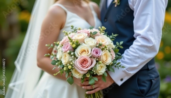 Fototapeta Close up of wedding couple holding floral bouquet, romantic emotional moment