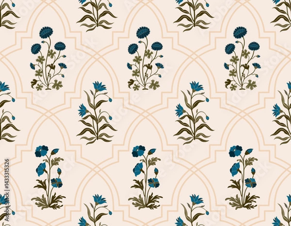 Fototapeta Hand drawn colourful geometric flowers, seamless patterns with floral for fabric, textiles, clothing, wrapping paper, backdrop, banner, illustration, abstract backgrounds.
