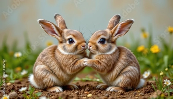 Fototapeta Identical cute bunnies playing and squeezing each other, joyful moment, background image photo