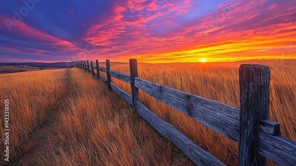 Fototapeta Rustic Fence Line Through Golden Field Under Fiery Sunset Sky
