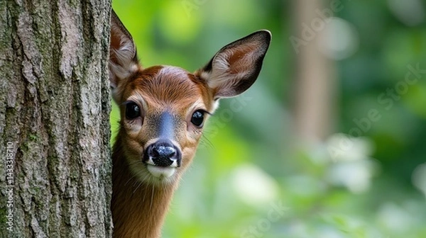 Fototapeta A baby deer curiously peeking out from behind a tree in the forest, with its big eyes full of wonder. 