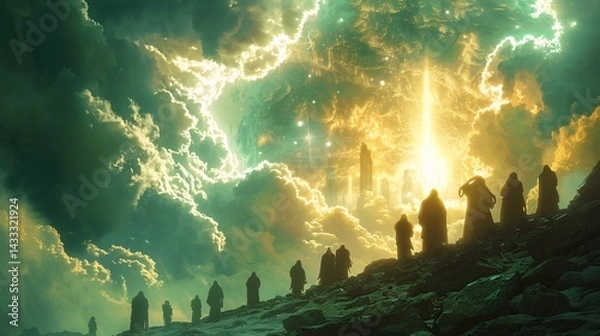 Obraz Dystopian vision inspired Book of Enoch featuring enochian literature ancient religious texts hyper realistic depiction of watchers biblical figures set against futuristic background writing space