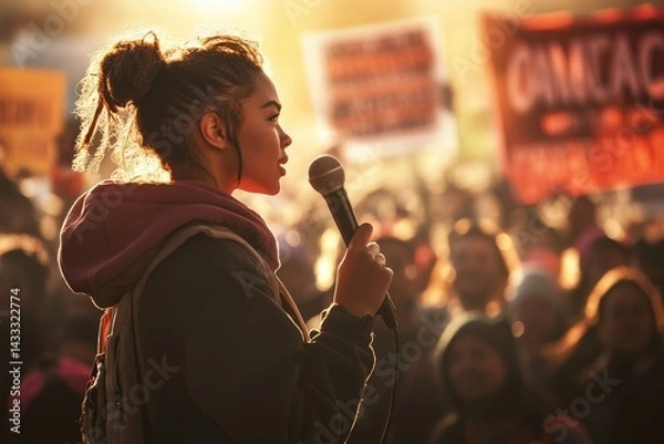 Fototapeta Young woman with dreadlocks speaks into a microphone at a protest, backlit by the setting sun.