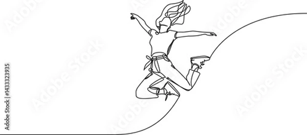 Fototapeta continuous single line drawing of young cheerful woman jumping in joy, line art vector illustration