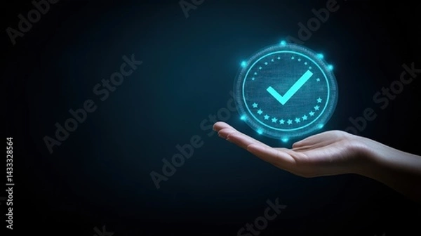 Obraz Hand holding digital checkmark; approval, dark background