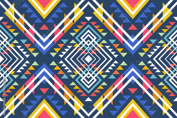 Fototapeta Vibrant geometric pattern featu colorful triangles, diamonds, and lines arranged in a symmetrical and eye-catching design composition.