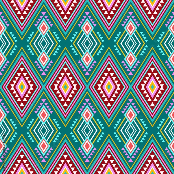 Fototapeta Colorful geometric diamond pattern repeats seamlessly with ethnic and tribal influences creating a vibrant and eye catching design element.