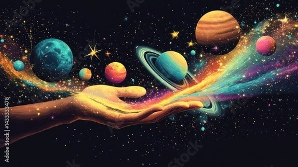 Obraz Cosmic Galaxy Held in Hand, Stardust Background, Space Art