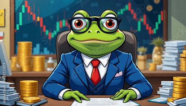 Obraz Cute Frog Businessman in Suit with Money and Charts Illustration