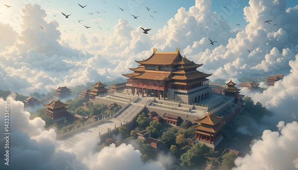 Obraz Fantasy Chinese Palace in Clouds with Birds Digital Illustration