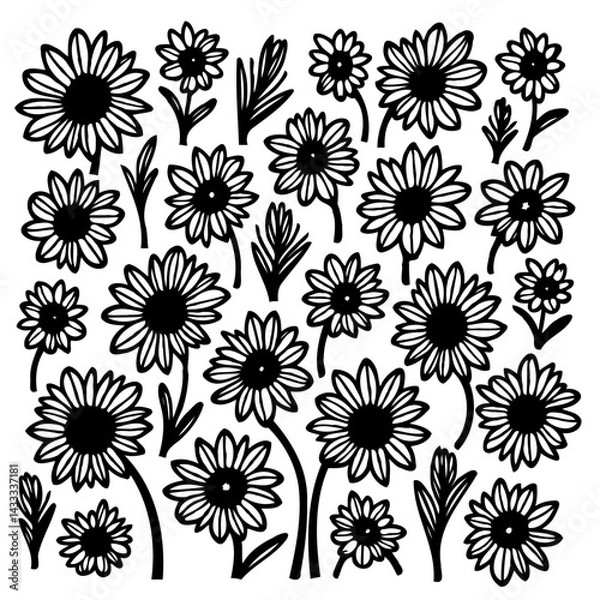 Fototapeta Hand-Drawn Daisy Collection: Black and White Floral Pattern with Simplistic Details