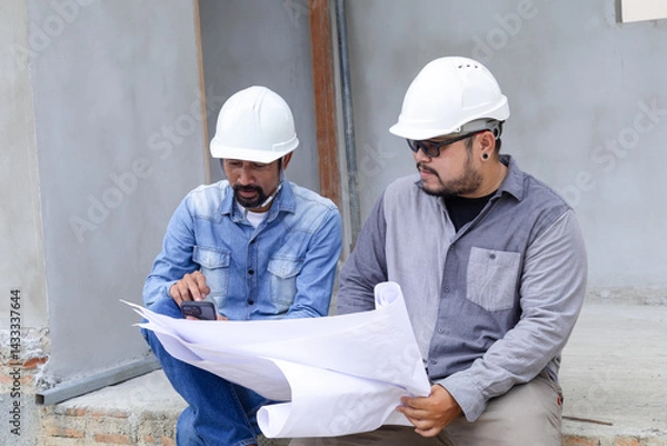 Fototapeta Two Indian engineering people talking with mobile phone to customer in front of construction site hold blueprint paperwork, team Asian foremen wearing white helmet consulting with project supervisor