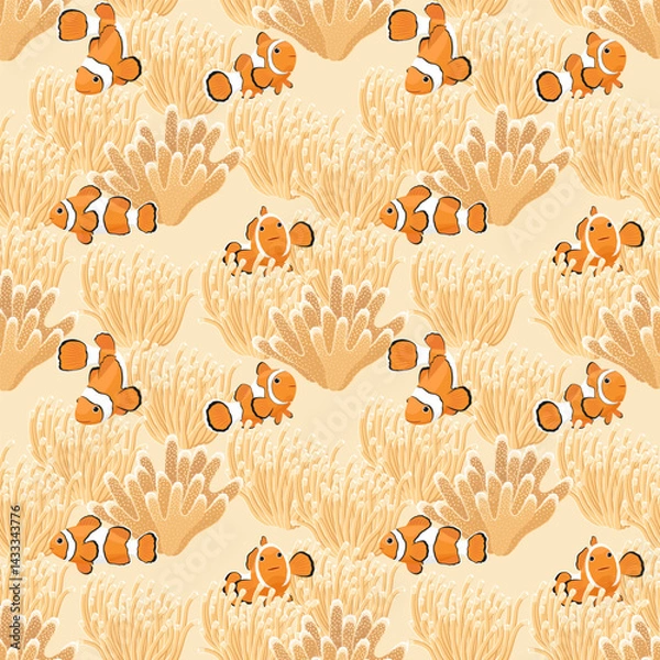 Fototapeta Clown fish, sea anemones and corals on the seabed, vector seamless pattern.