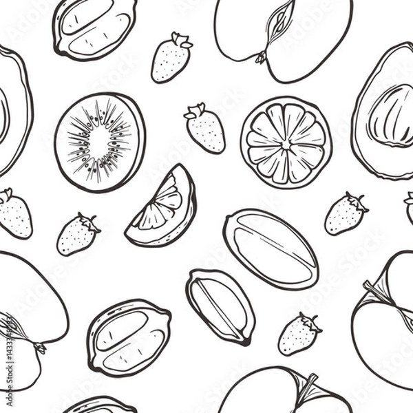 Obraz Vector seamless pattern with fruits on white background. Line drawn fresh ripe fruits isolated from background. Suitable for printing