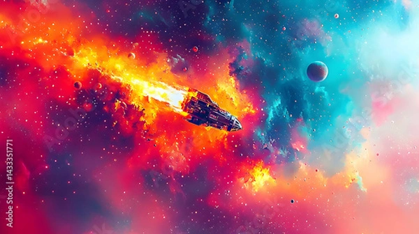 Fototapeta Spaceship bursting through nebula, cosmic fire and planets, space exploration, science fiction art, ideal for sci-fi film posters