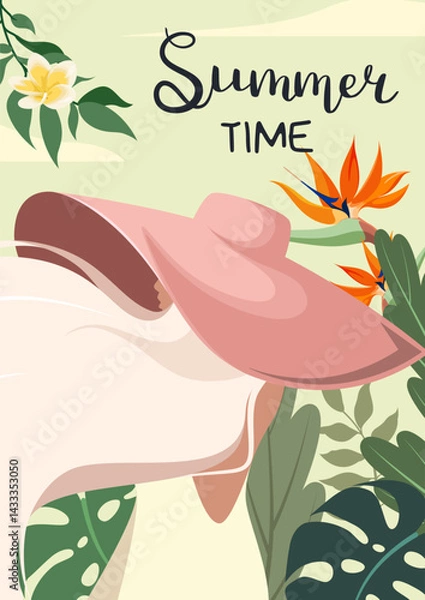 Obraz A summer poster with a woman in a hat. An exotic vacation. Vector.