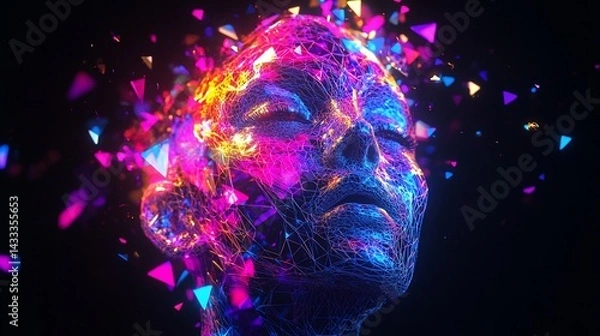Fototapeta Neon face explodes particles, dark background, digital art