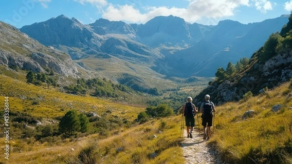 Obraz Senior couple hikes trail, backpacks on, poles assisting, embracing outdoor activity, enjoying scenic mountain views.