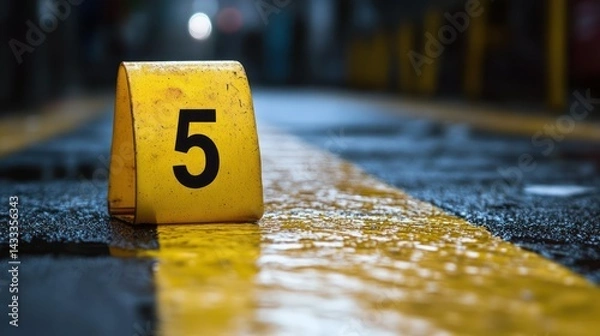 Fototapeta Evidence marker signifies important clue at accident location, suggesting danger and intrigue. Wet street, crime scene.
