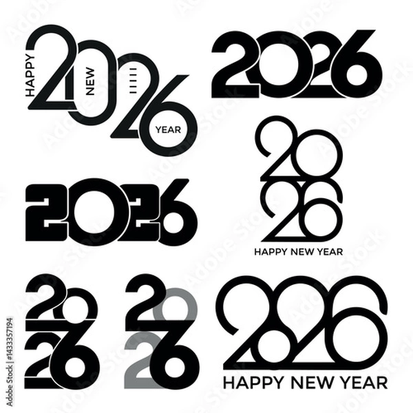 Fototapeta Set of Happy New Year 2026 design templates. 2026 Year Stamp Design in black color against white. Vector Minimalist Design to New Year Festive.