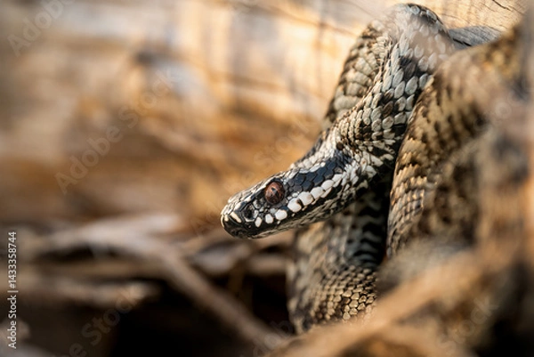 Obraz 
Common European adder (Vipera berus) basking on an abandoned landfill in the Czech Republic. Close-up of a venomous wild snake in natural habitat.