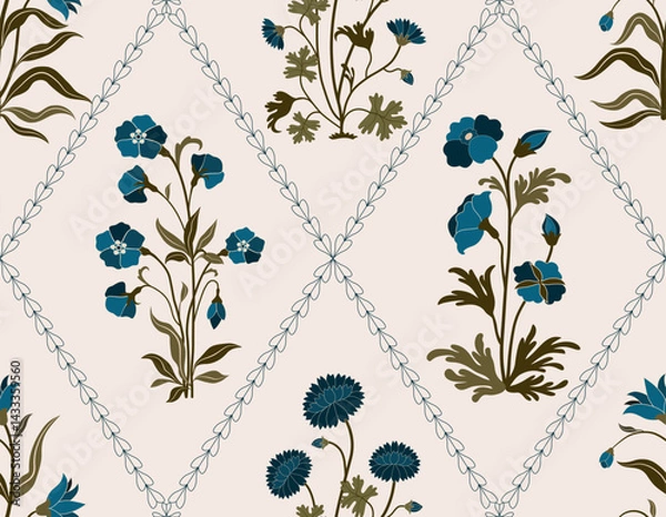 Obraz Hand drawn colourful geometric flowers, seamless patterns with floral for fabric, textiles, clothing, wrapping paper, backdrop, banner, illustration, abstract backgrounds.
