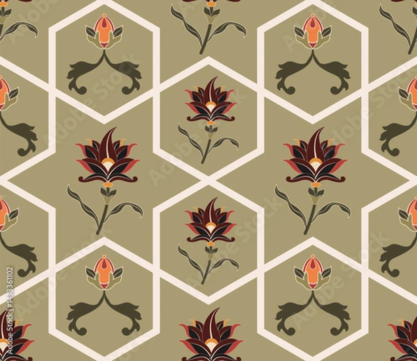 Obraz Hand drawn colourful geometric flowers, seamless patterns with floral for fabric, textiles, clothing, wrapping paper, backdrop, banner, illustration, abstract backgrounds.
