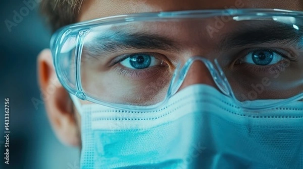 Obraz Medical professional, face partially concealed, wears protective safety goggles, surgical mask looking forward during laboratory science.