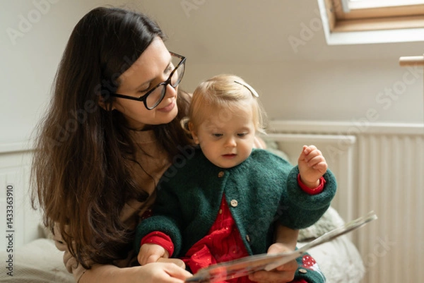 Obraz Loving Mother in Her 40s Reading a Book to Her Toddler Daughter at Home. High quality photo