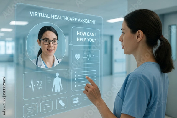 Fototapeta healthcare professional interacts with virtual healthcare assistant displayed on holographic screen, showcasing advanced technology in medical setting. scene conveys innovation and support