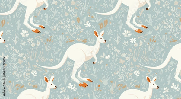 Obraz Kangaroo pattern with plants and flowers on a light blue background