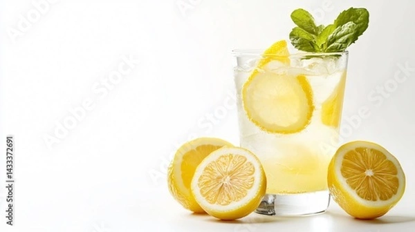 Fototapeta Refreshing Lemonade in Glass on White Background