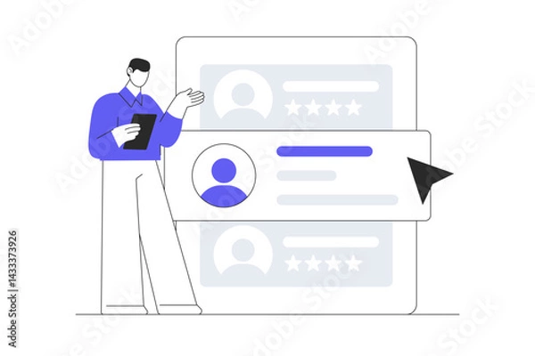 Fototapeta Man Character Choosing Best Candidate for Job. Recruitment Process. Human Resource Management and Hiring Concept. Flat Cartoon Vector Illustration, icon. Stylish abstract design landing page