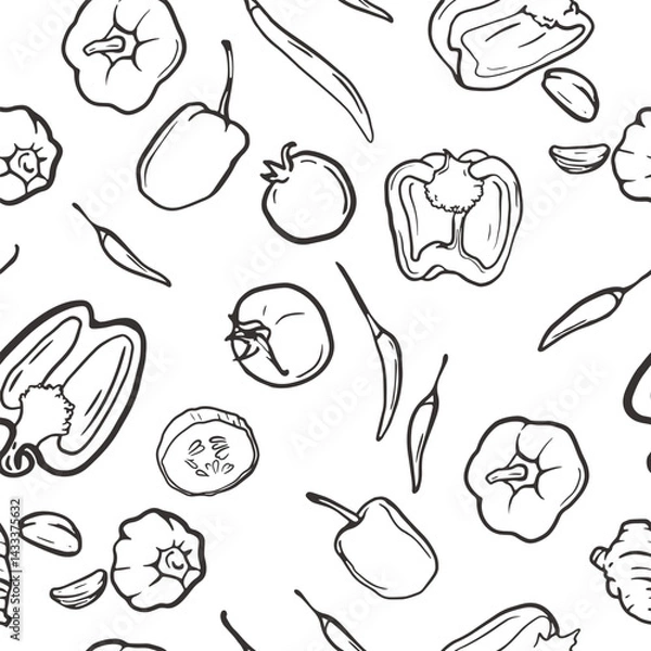 Fototapeta Vector seamless pattern with vegetables on white background. Line drawn fresh healthy vegetables isolated from background. Suitable for printing