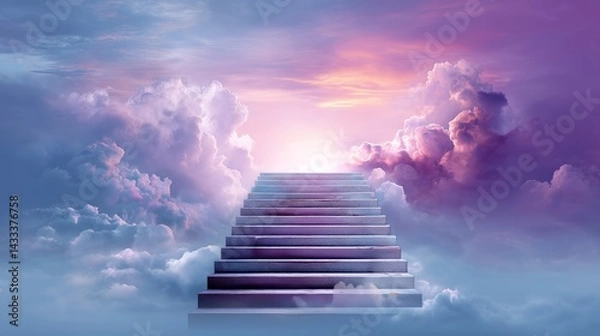 Obraz Stairway Ascending Into Light Through Colorful Clouds and Dreamlike Sky for Spiritual, Inspirational, or Conceptual Afterlife Themes
