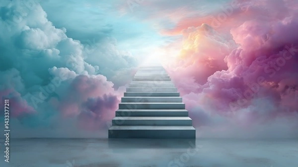 Obraz Stairway Rising From the Mist Into Glowing Light and Colorful Clouds With Dreamlike Sky for Spiritual, Inspirational, or Conceptual Themes