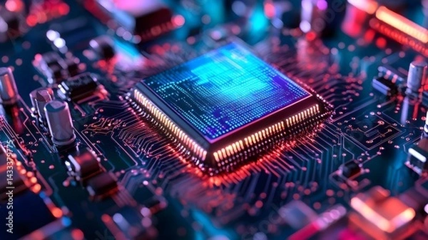 Obraz A computer chip is shown in a close up with a blue and red background. The chip is surrounded by a lot of other electronic components, giving the impression of a complex and intricate system