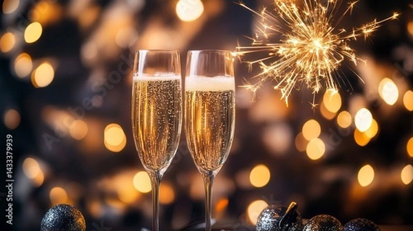 Fototapeta Two champagne flutes filled with sparkling wine, a burning sparkler, and festive bokeh lights in the background.