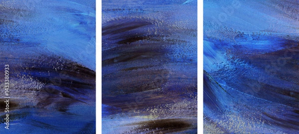 Fototapeta Three minimalist abstract artist-made paintings. Blue texture. Versatile artistic image for creative design projects: posters, banners, websites, covers, cards, magazines, prints, wallpapers.