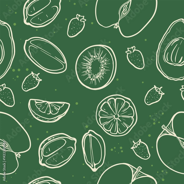 Obraz Vector seamless pattern. Ripe fruits drawn with light lines on a deep green background. Restrained summer variant