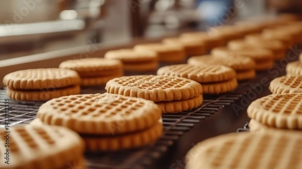 Fototapeta Sandwich cookies move rapidly down conveyor belt in food factory during industrial baking process.