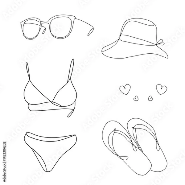 Fototapeta Outline of profile in one line: sunglasses, bikini, hat, flip flops, hearts. Set of illustrations about summer vacation