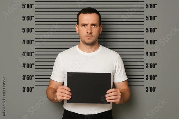 Fototapeta Criminal suspect mugshot photo background, man holding blank board standing in front of police lineup height chart, law enforcement arrest scene, criminal record ID, prisoner booking concept

