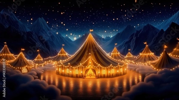 Obraz Enchanting Circus Tents Illuminated in a Mountain Valley at Night